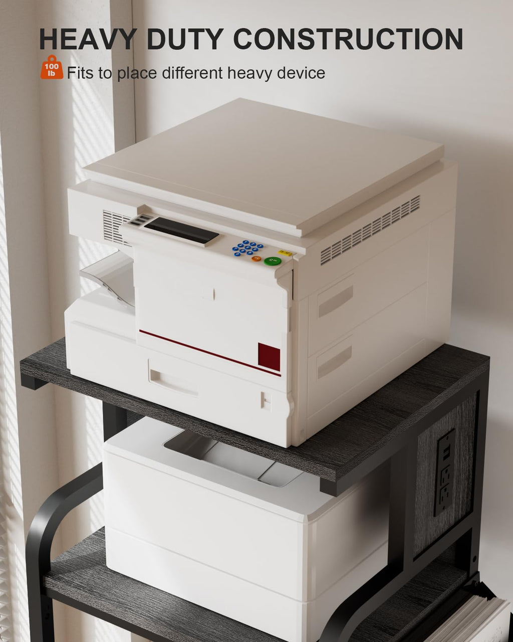 Tall Printer Stand with Charging Station, 4-Tier Mobile Cart, White