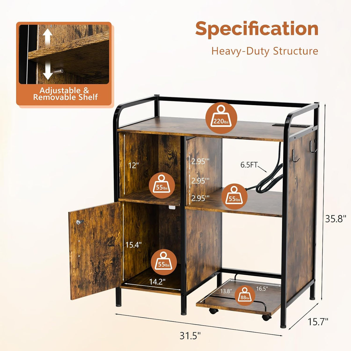 VINGLI Multifunctional Printer Stand with Trolley, Paper Shredder Stand Rack with Wheels, Lateral Office Storage Cabinets with Socket and USB Charging Port, Open Shelves for Home Office, Rustic Brown