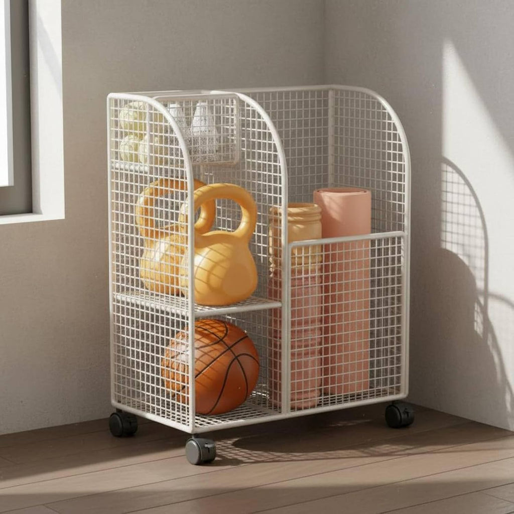 Mobile Basket Exercise Mat Holder Storage Cart Organizer Rack Rolling Iron Mesh With Divided Sections For Mats Rollers Dumbbells Suitable for home gym setups garages workout corners, Black