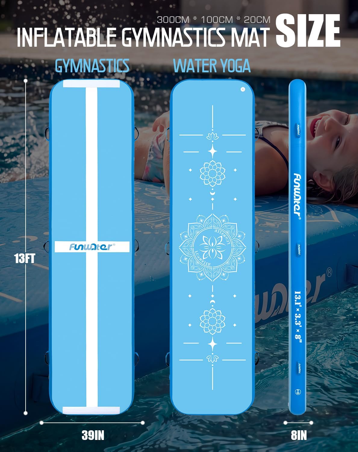 FunWater 13ft Inflatable Gymnastics Tumble Track Tumbling Mat 8in Thick Air Floor Tumble Track with Electric Pump for Cheer Leading/Gymnastics/Beach/Gym/Home