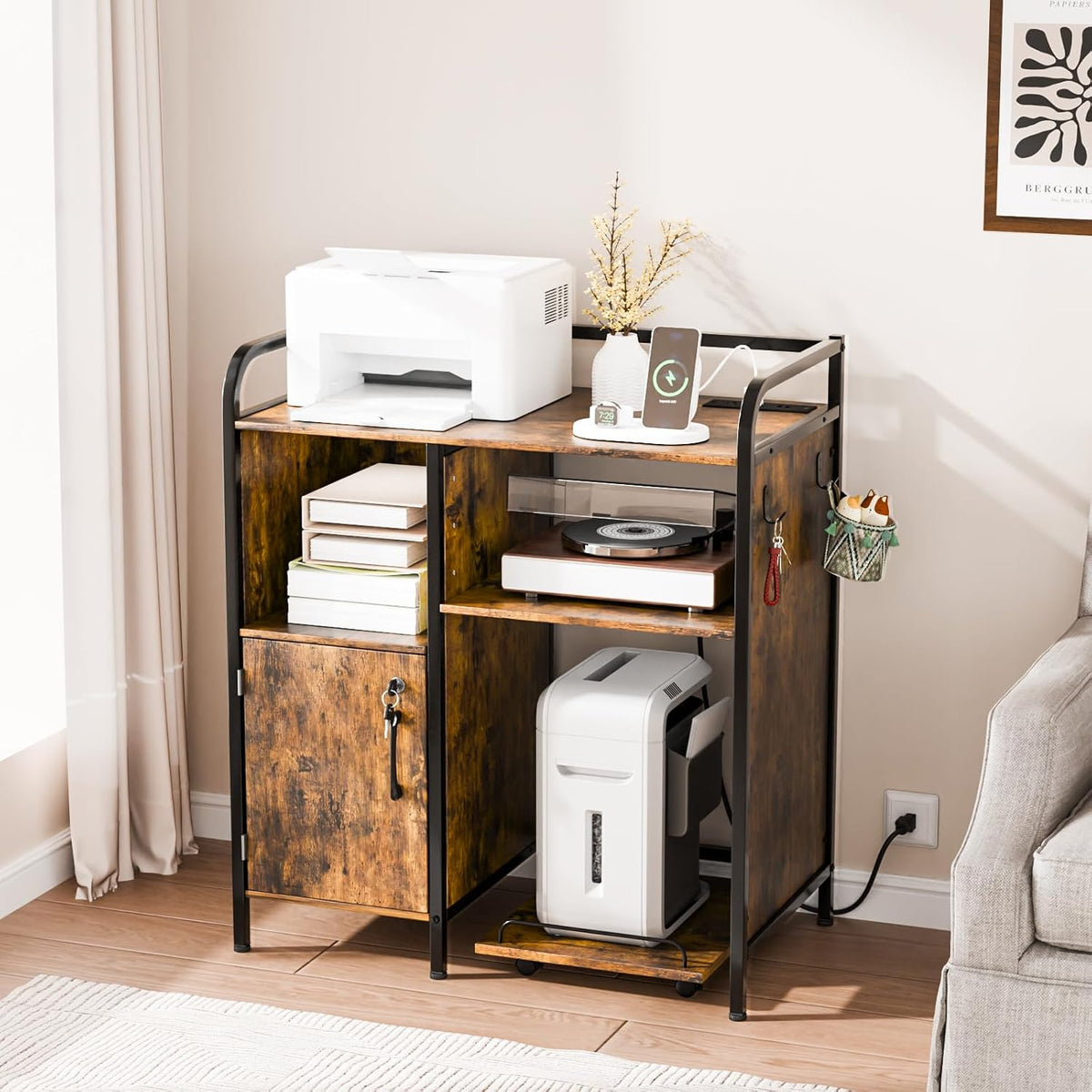 VINGLI Multifunctional Printer Stand with Trolley, Paper Shredder Stand Rack with Wheels, Lateral Office Storage Cabinets with Socket and USB Charging Port, Open Shelves for Home Office, Rustic Brown