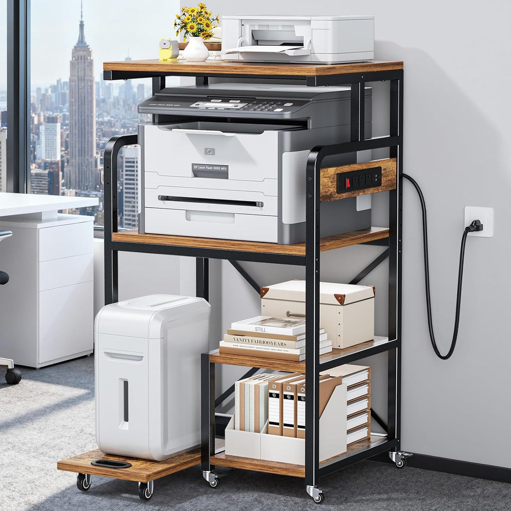 POKIPO 4 Tier Large Printer Stand Table with Power Outlet Adjustable Shelf