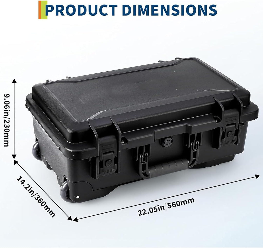 Heavy Duty Waterproof Camera Case for Diving and Outdoor Water Sports â Dustproof, Impact Resistant Dry Box with Padded Dividers, Wheels, 22â x 14â x 9â â Includes Document Bag & Camera Insert