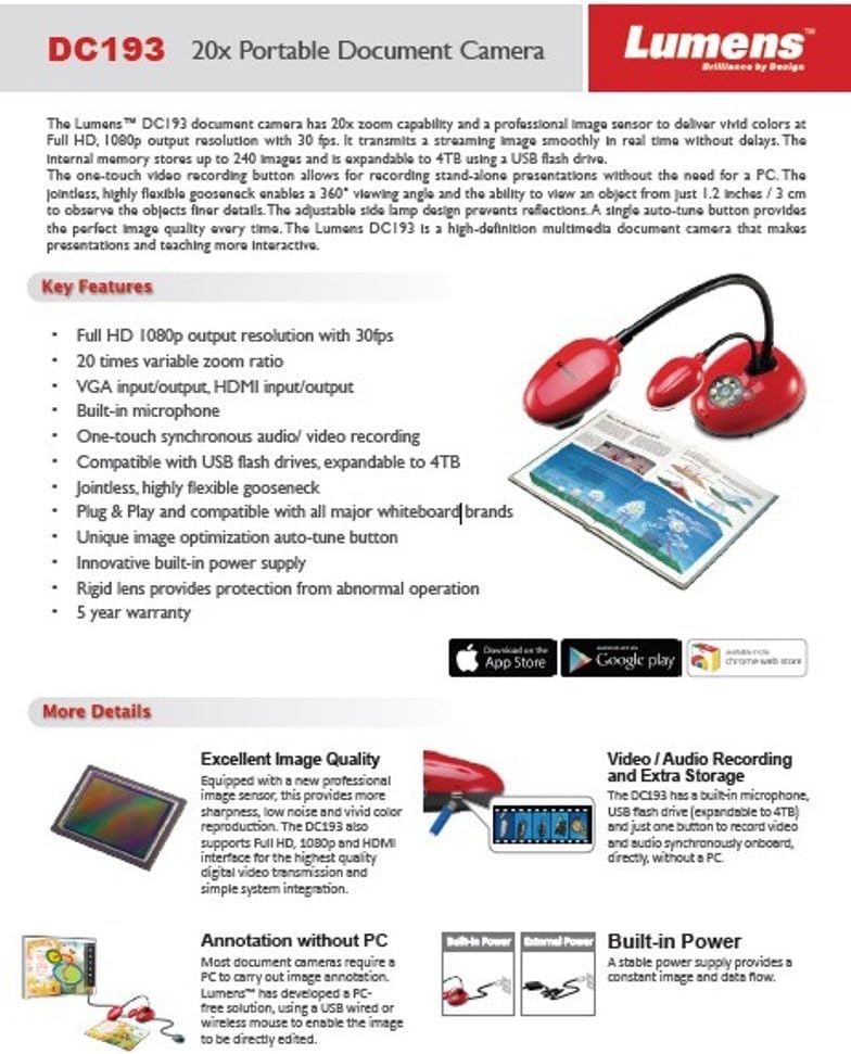 Lumens DC193 3.25MP Full HD VGA/HDMI Portable Document Camera, Built-in Microphone, 20x Zoom, Red