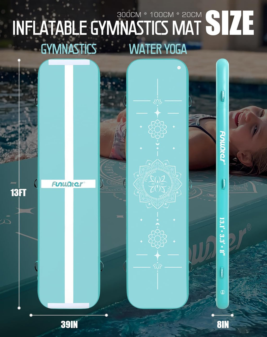 FunWater 13ft Inflatable Gymnastics Tumble Track Tumbling Mat 8in Thick Air Floor Tumble Track with Electric Pump for Cheer Leading/Gymnastics/Beach/Gym/Home