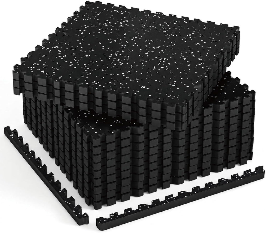 AIRHOP 1'' Ultra-Thick 48 Sq Ft Rubber Top Gym Flooring for Home Gym, 12 Tiles High Density EVA Foam Exercise Mats, Interlocking Puzzle Mats for Home Workout, Floor & Equipment Protection, Black/White