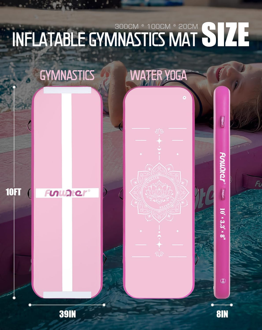 FunWater 10ft Inflatable Gymnastics Tumble Track Tumbling Mat 8in Thick Air Floor Tumble Track with Electric Pump for Cheer Leading/Gymnastics/Beach/Gym/Home
