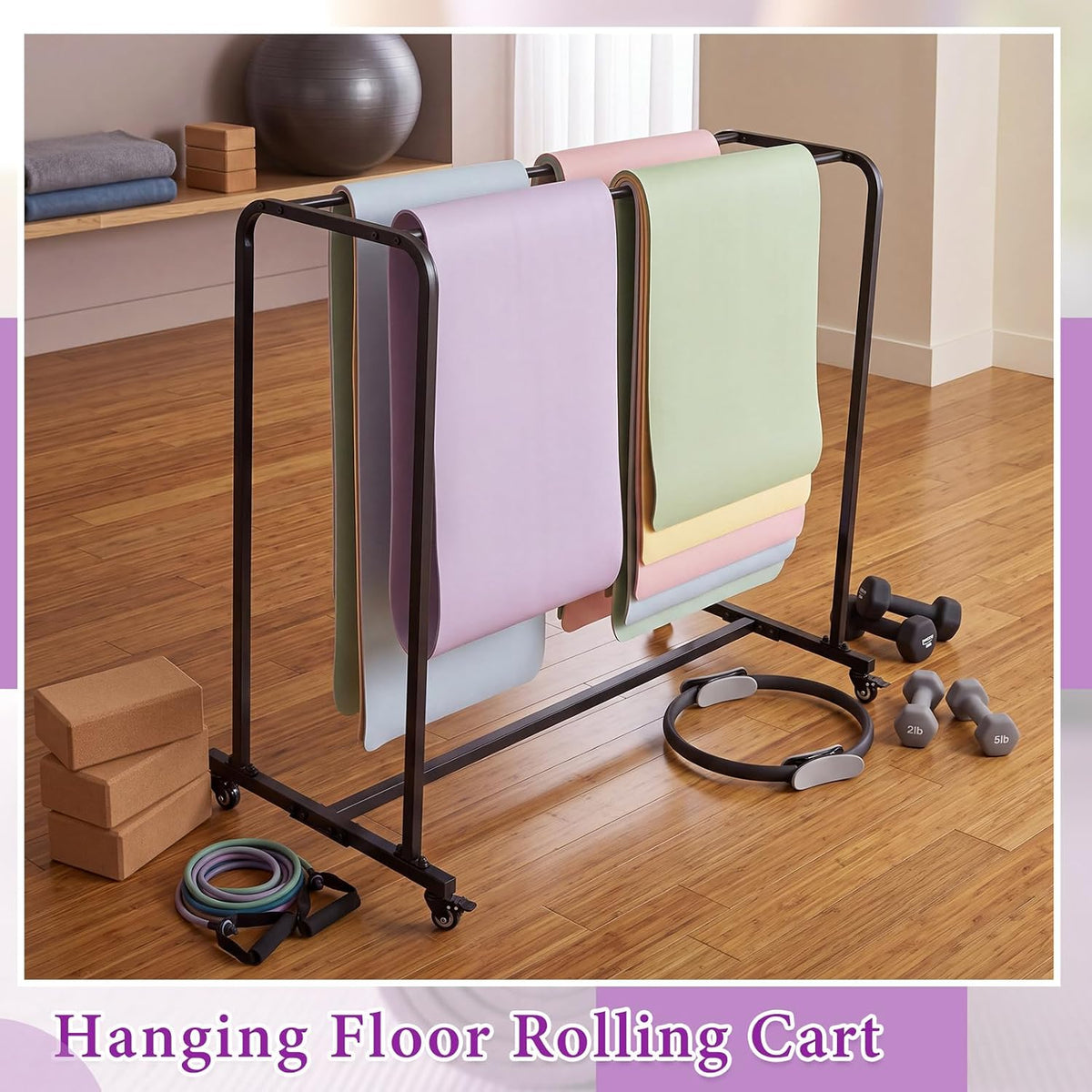 DaisyInner Yoga Mat Storage Rack with Wheels Holds up to 60-120 Yoga Mats Alloy Steel Rolling Exercise Mat Cart 54.5 x 48.5 x 25.5 Inches for Commercial Gym Studio School