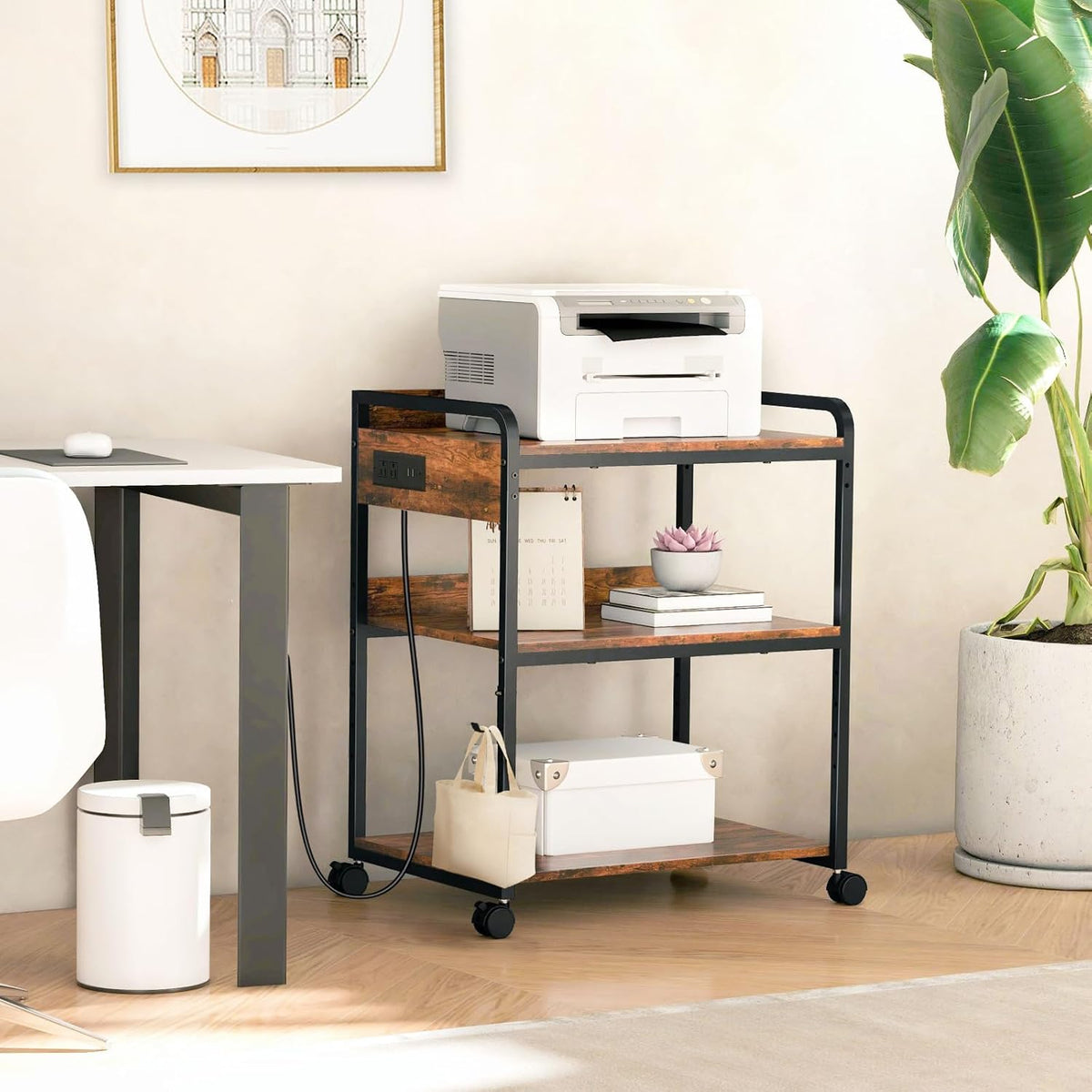 3-Tier Large Printer Stand with Power Outlet and Adjustable Storage Shelf