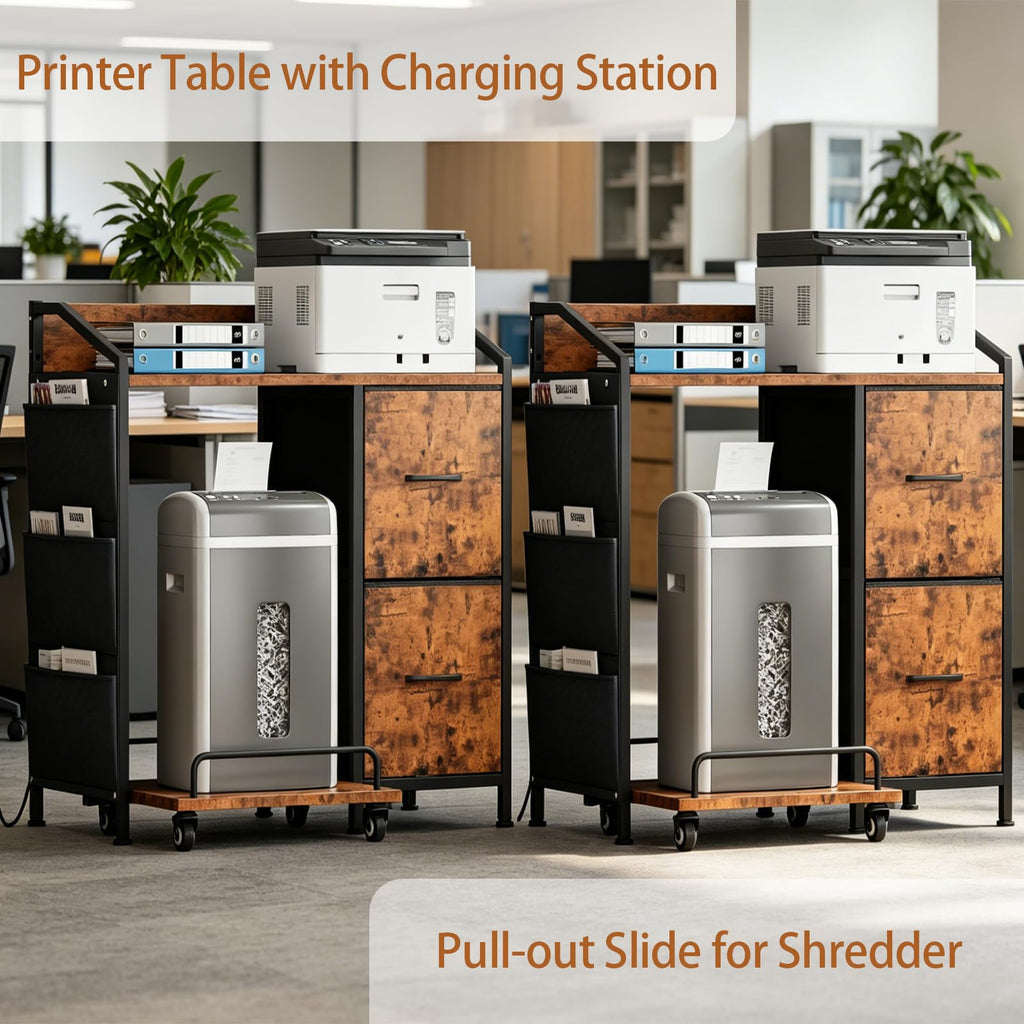 Printer Stand with Storage, Lateral Office Filing Cabinets with Power outlets & USB Charging Port, File Cabinet with Large Printer Stands for Home Office, Shredder Stand Rack (Black)