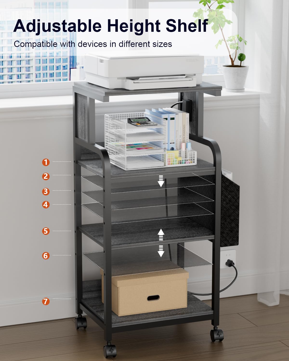 Tall Printer Stand with Charging Station, 4-Tier Mobile Cart, White
