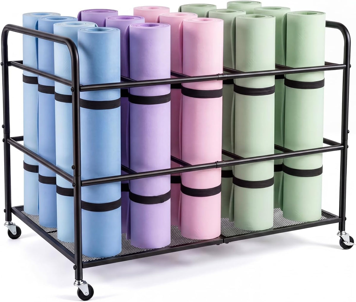 Large Yoga Mat Storage Cart Basket 39.4'' x 27.6'' x 27.6'' Home Gym Storage Rack with Wheels Metal Yoga Mat Holder Basket Foam Rollers Organizer for Gym Studio Hold 20 Exercise Mats