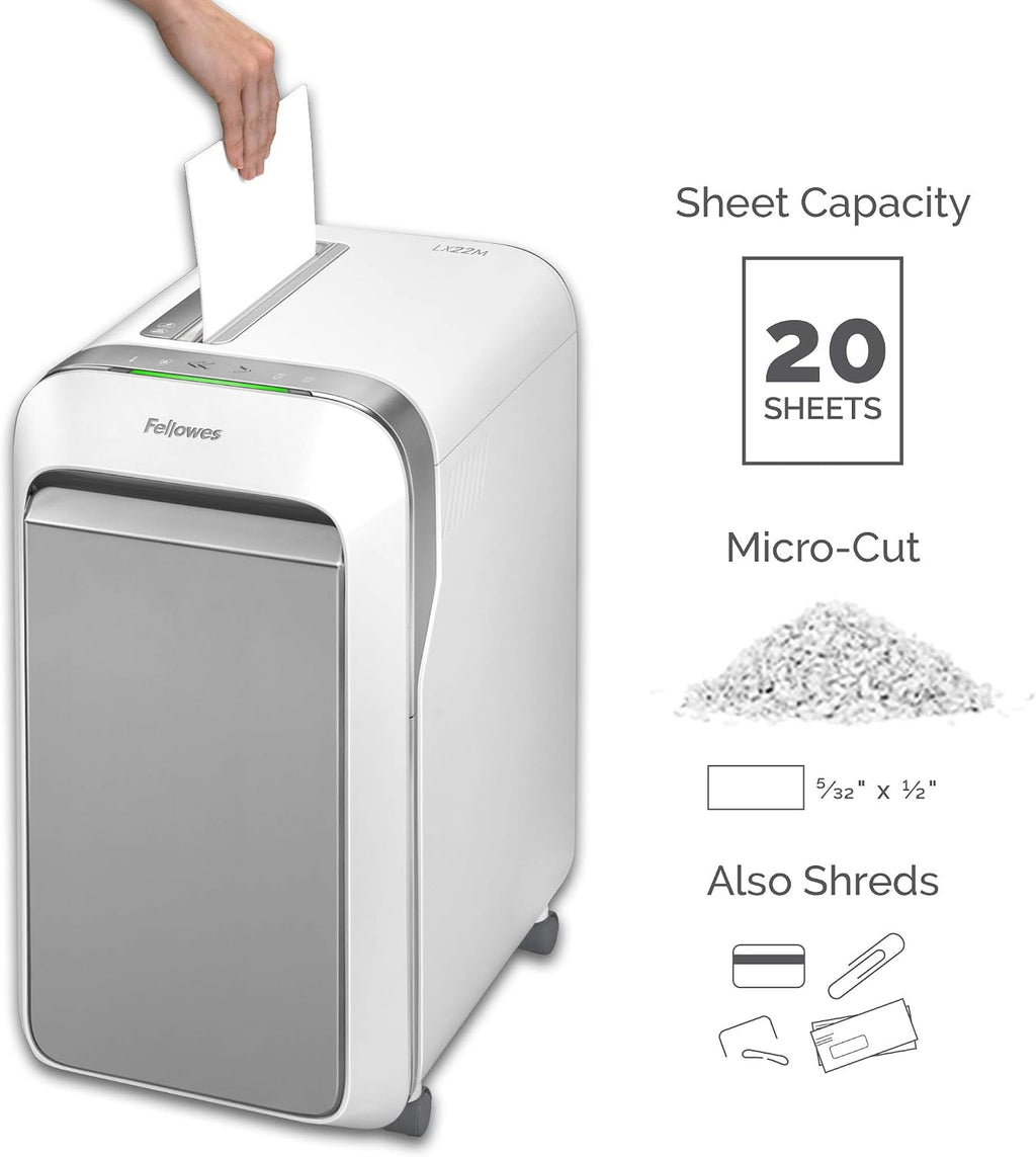 Fellowes LX22M 20 Sheet P-4 Micro-Cut, Heavy Duty Paper Shredder for Office, 100% Jam Proof (White) & Powershred Performance Shredder Oil, 12 oz. Extended Nozzle Bottle (35250)