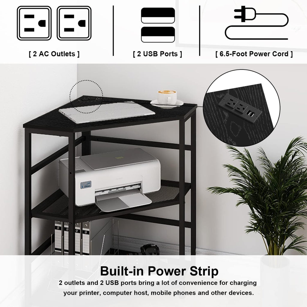 VEDECASA Corner Printer Stand Table with Power Outlet Charging Plugs USB Port Adjustable Storage Shelf Computer Tower CPU Stand Holder for Home Office (Brown)