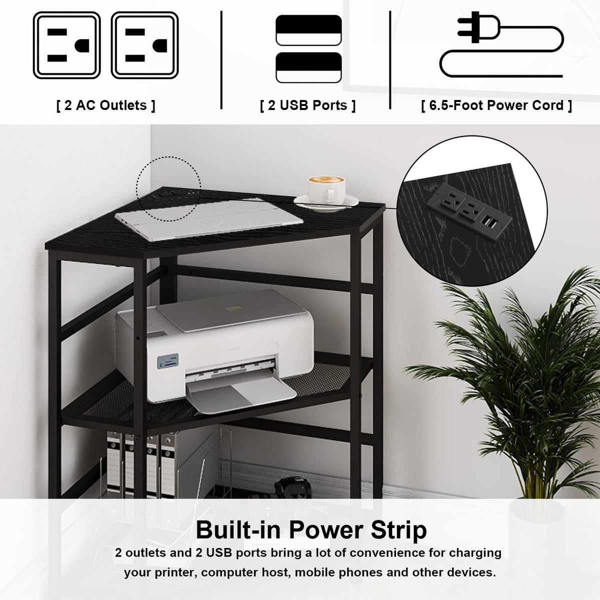 VEDECASA Corner Printer Stand Table with Power Outlet Charging Plugs USB Port Adjustable Storage Shelf Computer Tower CPU Stand Holder for Home Office (Brown)