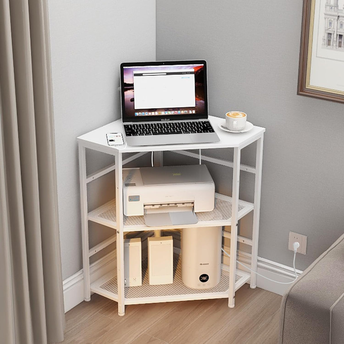 VEDECASA Corner Printer Stand Table with Power Outlet Charging Plugs USB Port Adjustable Storage Shelf Computer Tower CPU Stand Holder for Home Office (Brown)