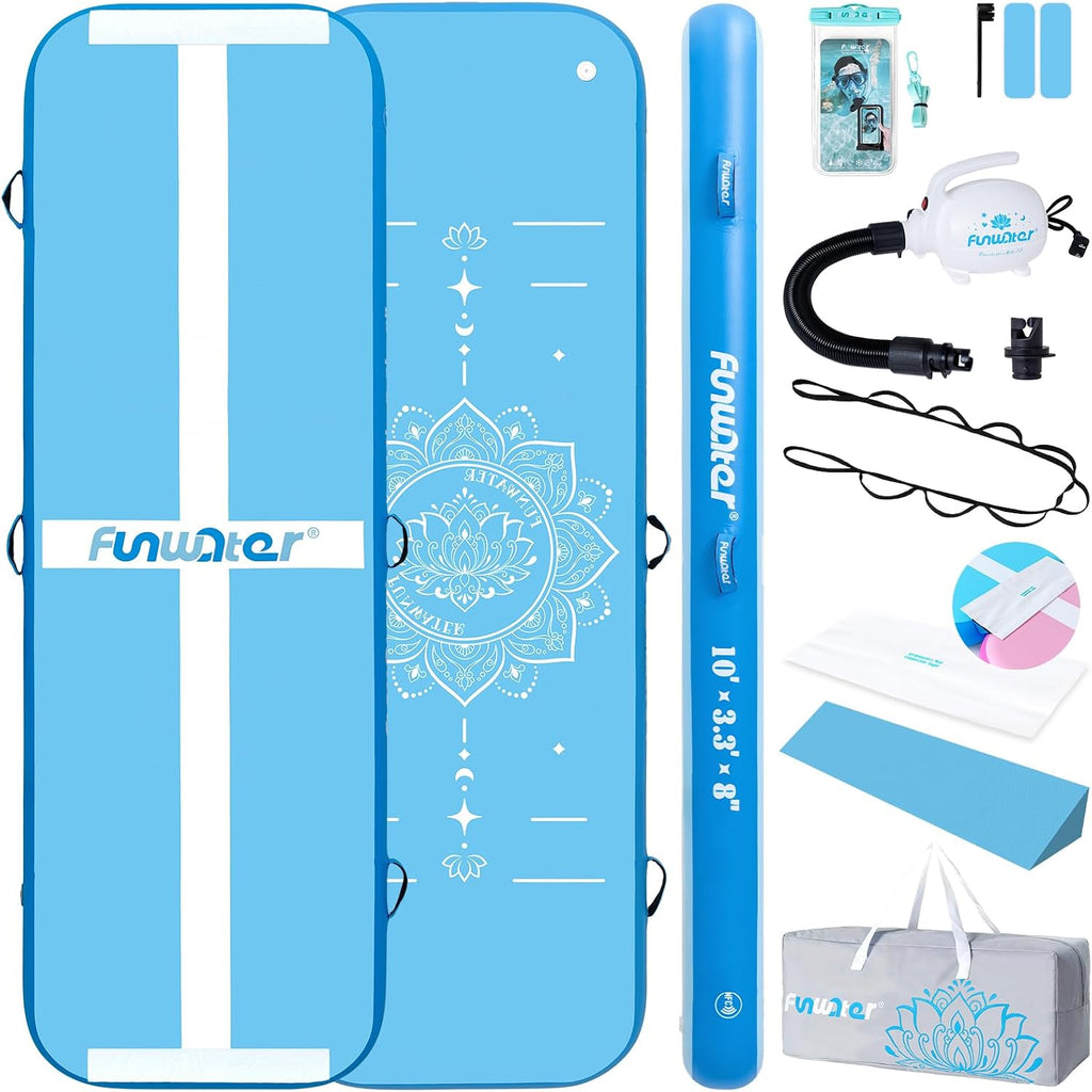 FunWater 10ft Inflatable Gymnastics Tumble Track Tumbling Mat 8in Thick Air Floor Tumble Track with Electric Pump for Cheer Leading/Gymnastics/Beach/Gym/Home