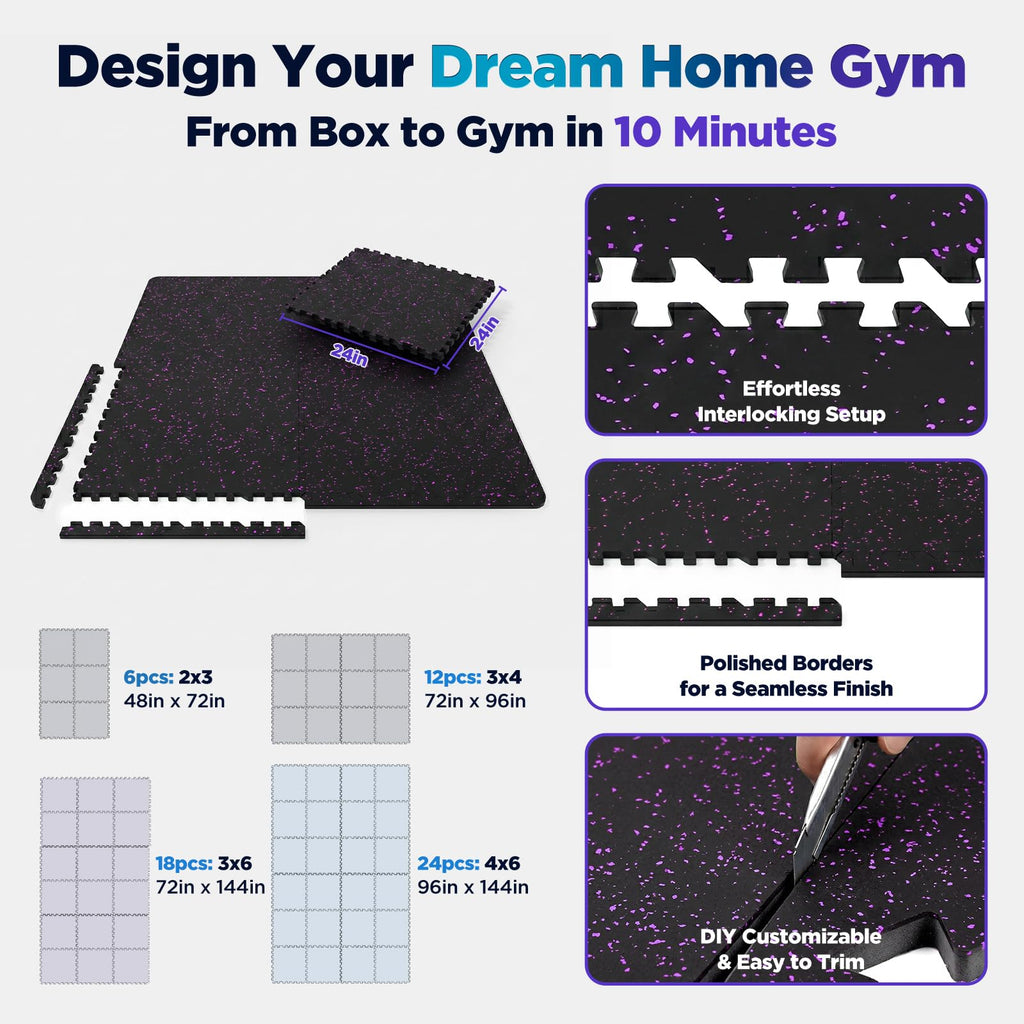1'' Thick 48 Sq Ft Protective Gym Flooring for Home Gym, 12 Tiles Extra-Thick Rubber Top with High Density EVA Foam, Interlocking Exercise Equipment Mats, Heavy Weight Workout, Black & White