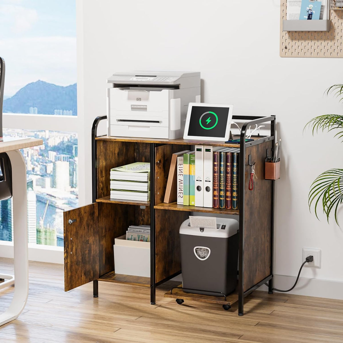 VINGLI Multifunctional Printer Stand with Trolley, Paper Shredder Stand Rack with Wheels, Lateral Office Storage Cabinets with Socket and USB Charging Port, Open Shelves for Home Office, Rustic Brown