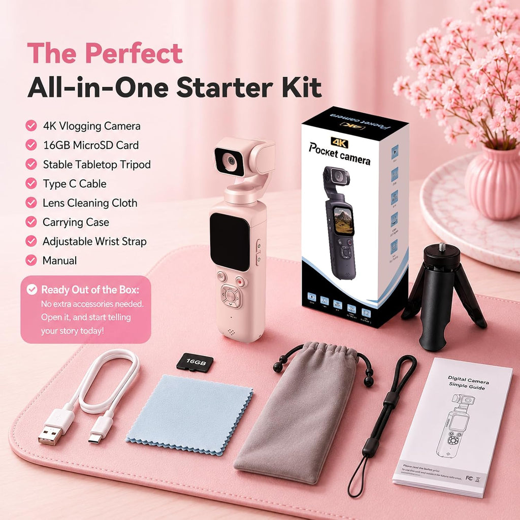 4K Pocket Vlogging Camera with 330Â° Rotating Lens, Face Tracking - Pink