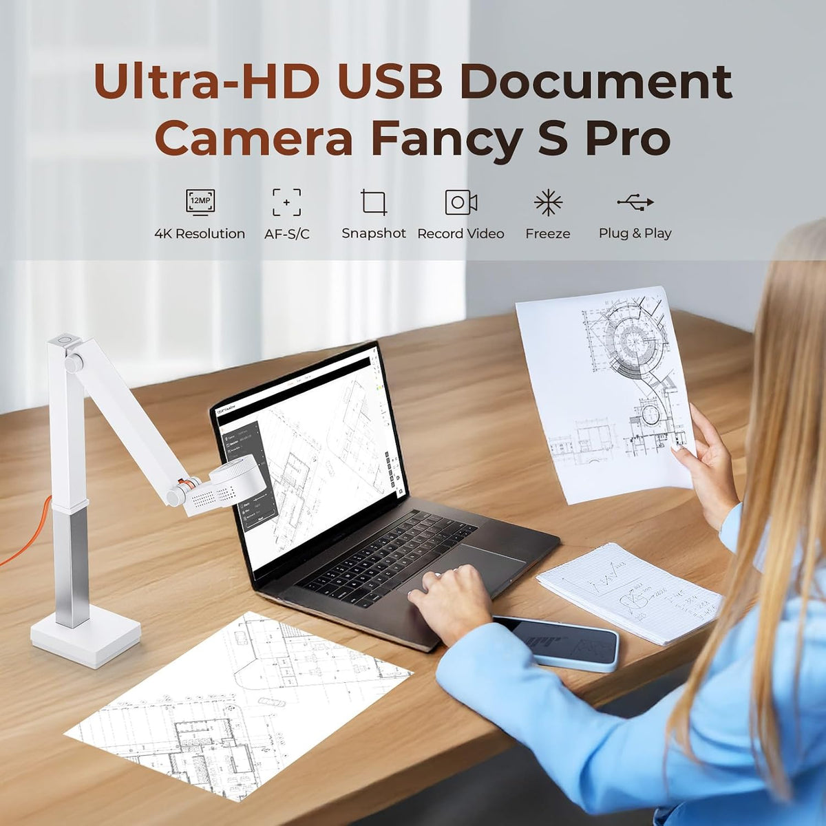 CZUR Fancy S Pro USB 12MP Document Camera for Teacher - White