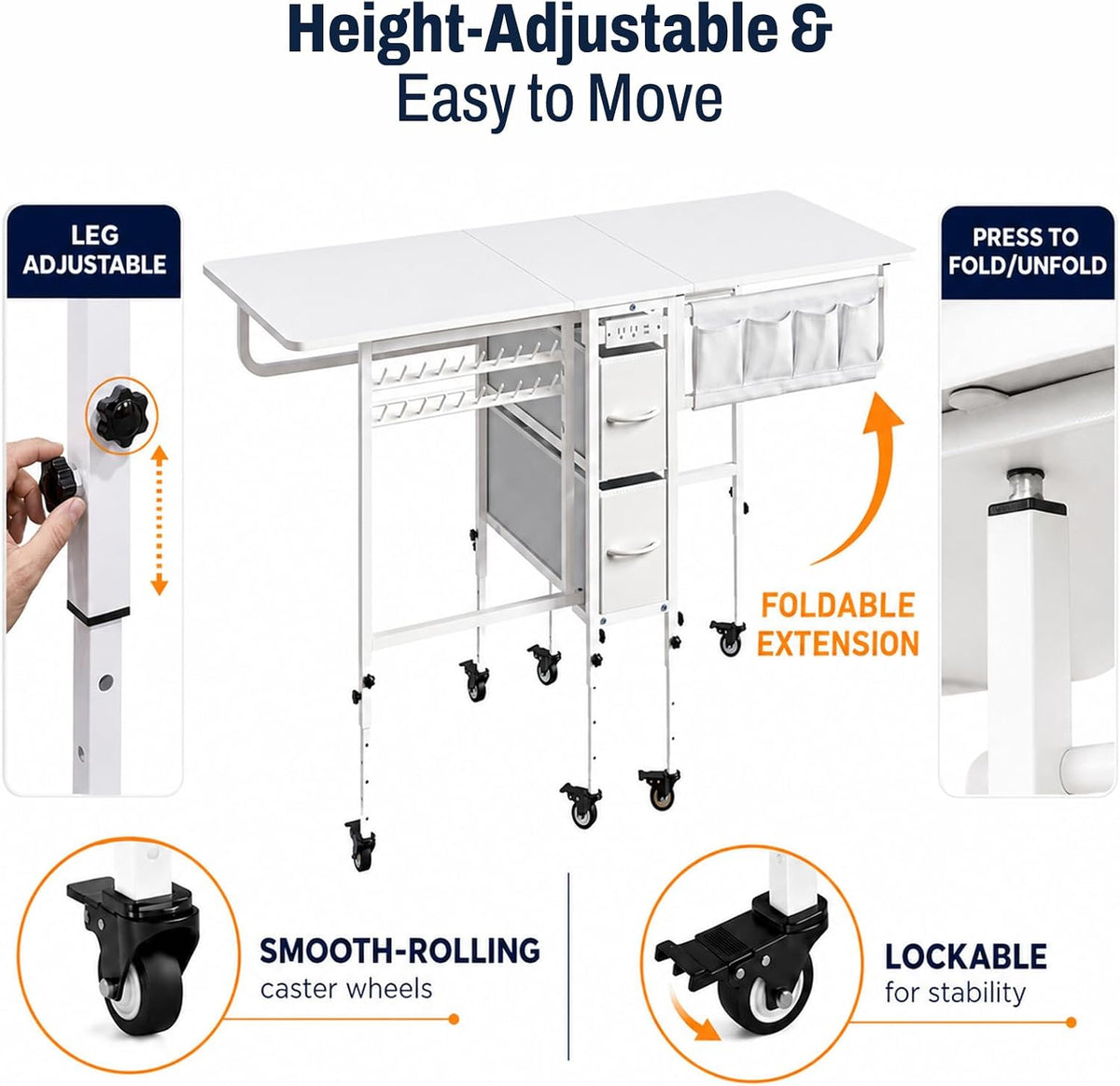 Furnaza 56.7" Foldable Wheeled Sewing Craft Table with Charging Station