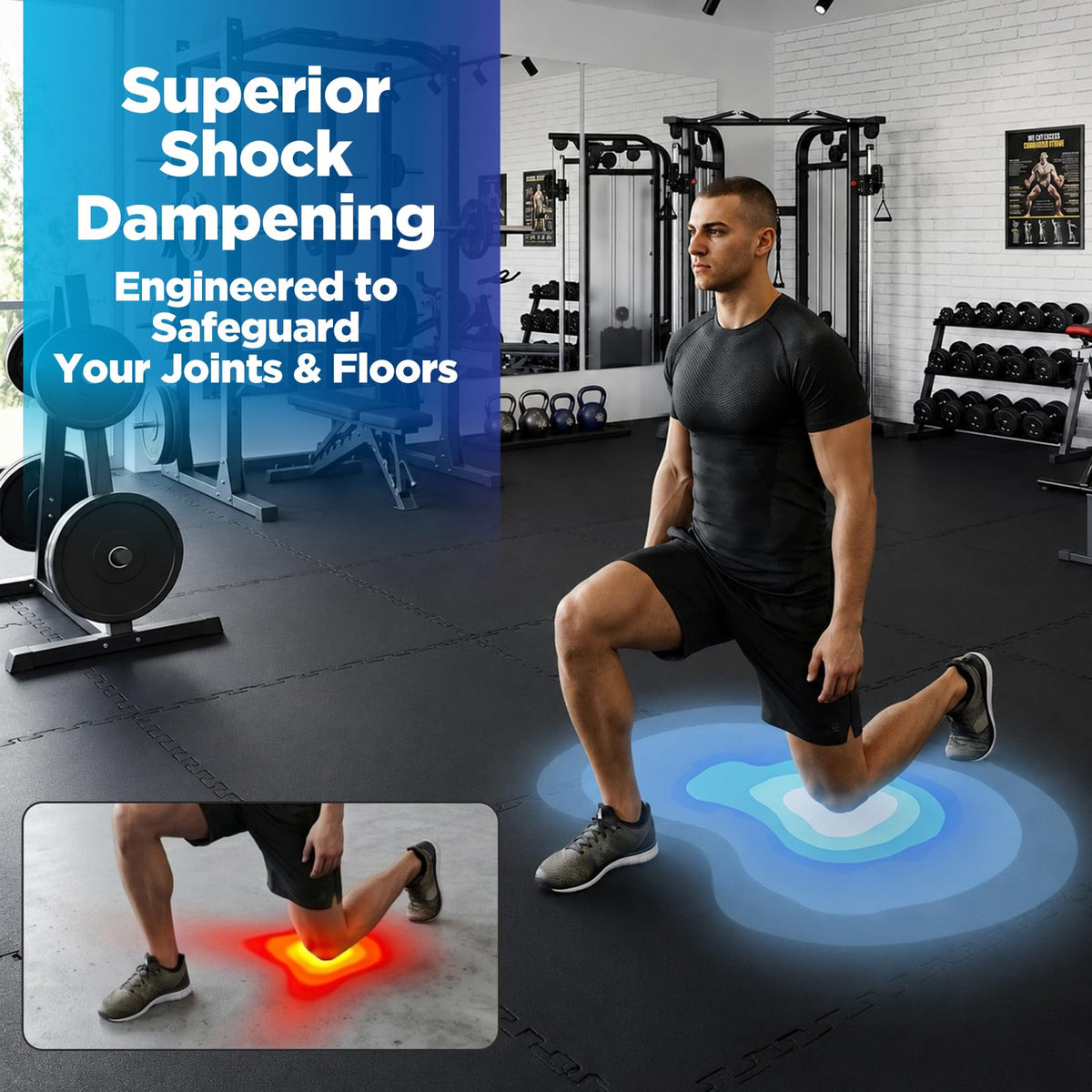 1'' Thick 48 Sq Ft Protective Gym Flooring for Home Gym, 12 Tiles Extra-Thick Rubber Top with High Density EVA Foam, Interlocking Exercise Equipment Mats, Heavy Weight Workout, Black & White