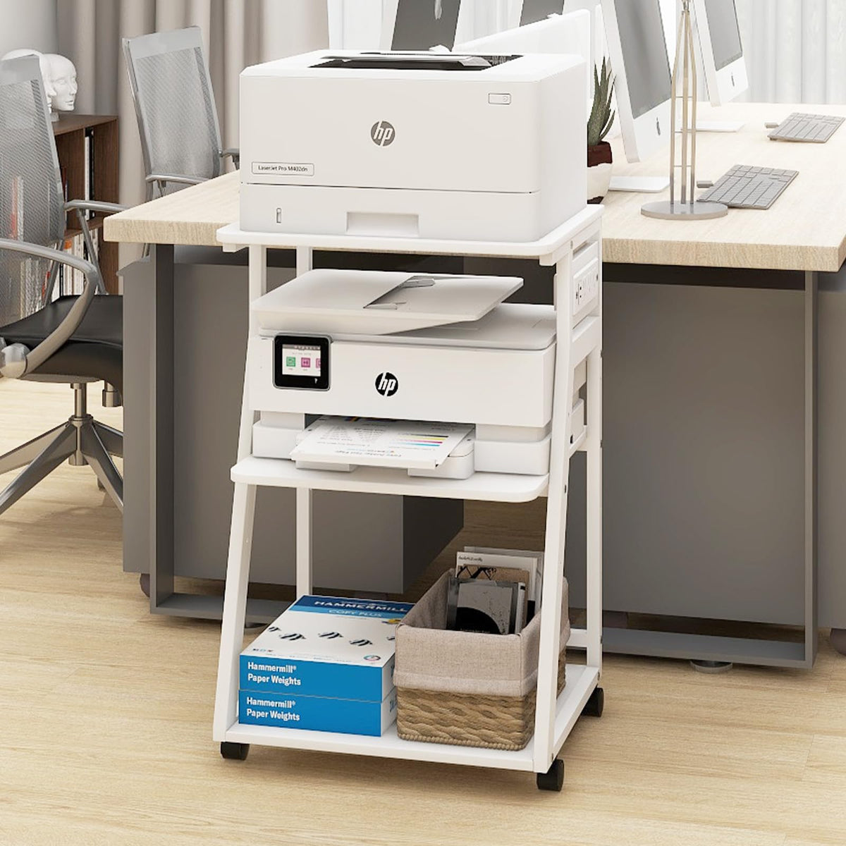 Natwind 3 Tier Large Printer Stand, 24"x20", with Charging Station,White