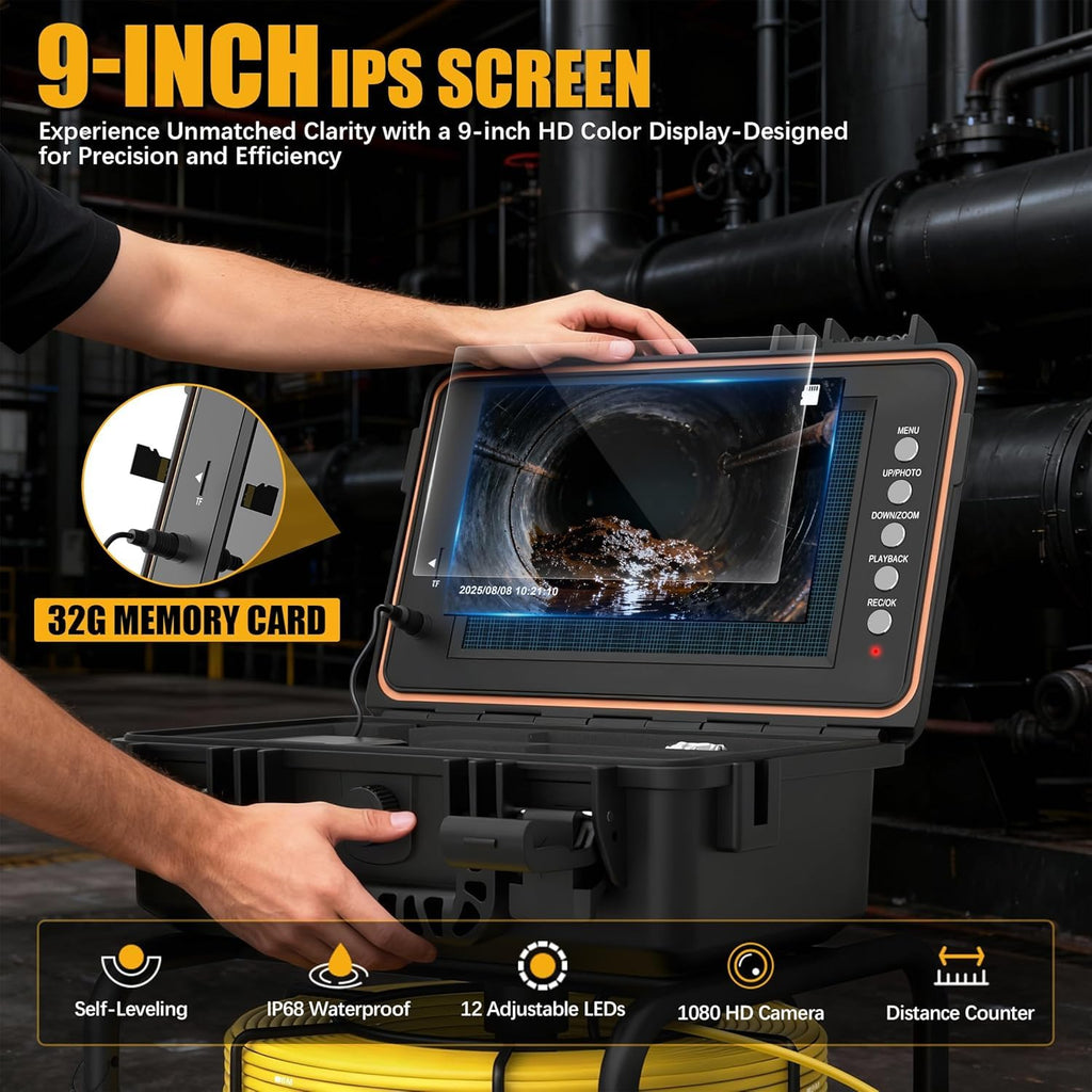 Powerwill Drain Camera with Self-Leveling, 165 ft / 50 m Sewer Pipe Inspection System, 9-Inch 1080P IPS Monitor, IP68-Rated Camera Head, 5 mm Push Cable with Meter Marking, DVR, 5X Zoom, 32GB Card