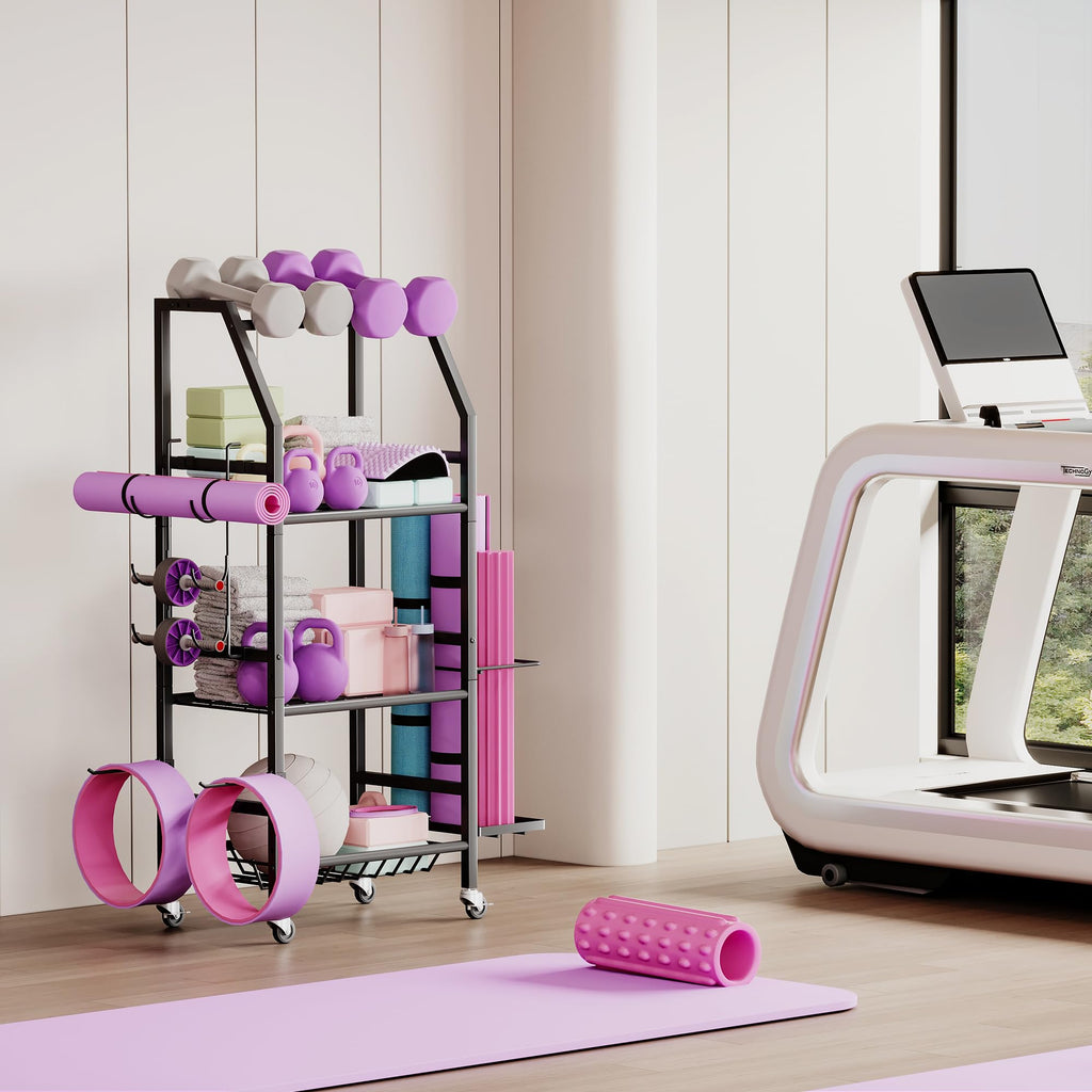 Homeiju Dumbbell Rack, Weight Rack for Home Gym, Yoga Mat Storage Holder with Lockable Wheels, Dumbbell Stand with Hooks, All in One Work out Equipment Storage for Yoga Mat Dumbbell and Balls