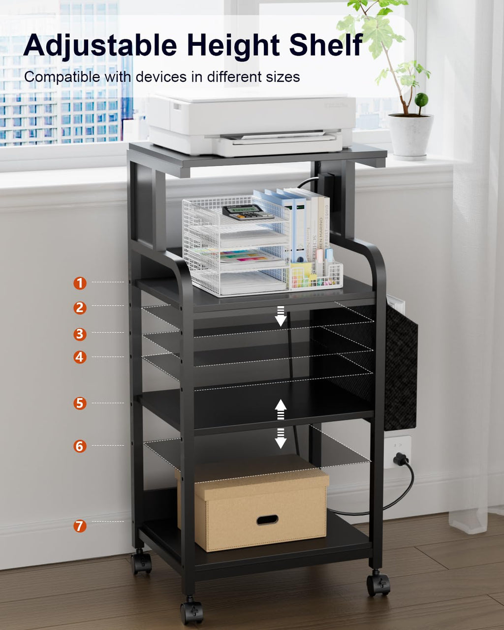 Tall Printer Stand with Charging Station, 4-Tier Mobile Cart, White