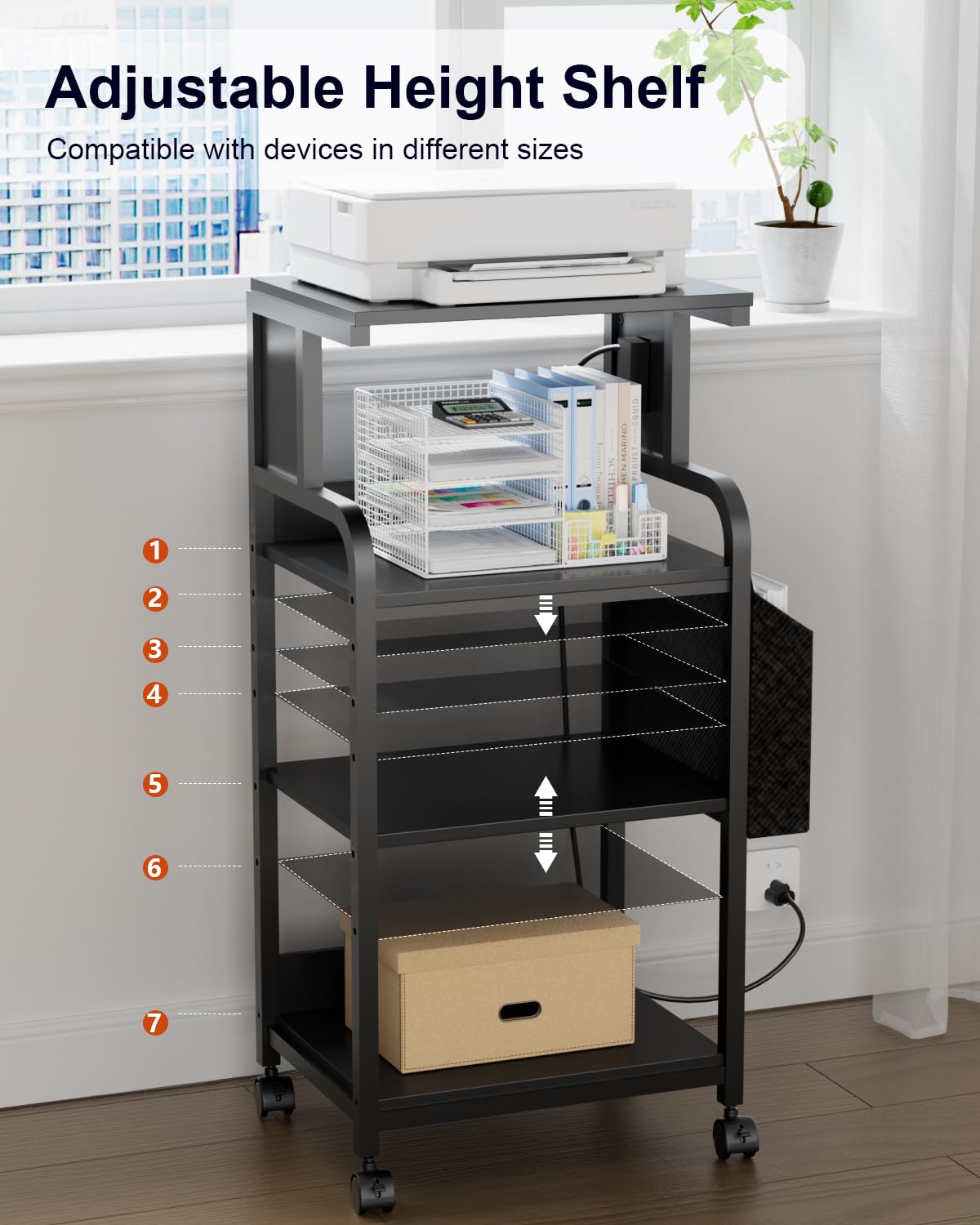 Tall Printer Stand with Charging Station, 4-Tier Mobile Cart, White