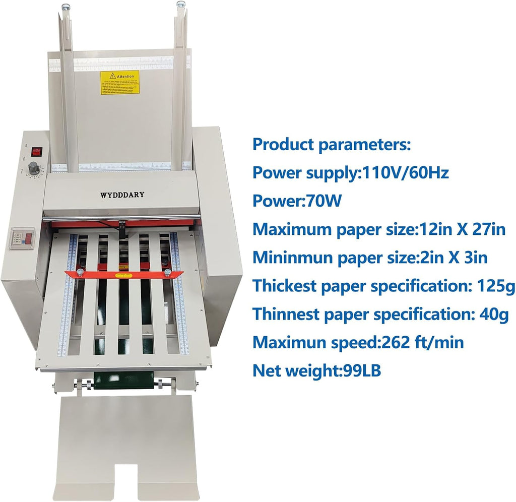 WYDDDARY Automatic Paper Folding Machine Fold Sizes 2x3in to 12x27in Small Horizontal Origami Machine Max Speed 262ft/min for Manuals Document Business Letters 110V 70W