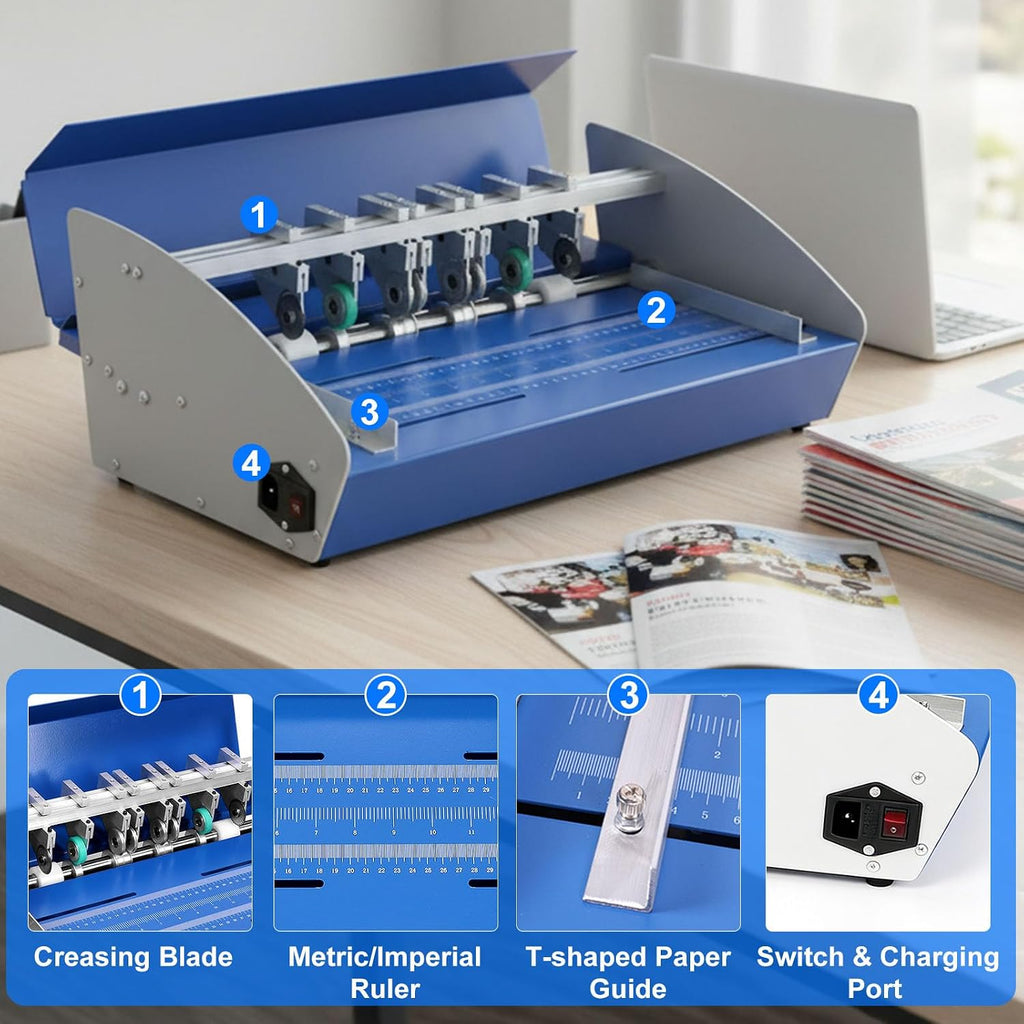 Electric Paper Creasing Machine 18 Inch (460mm), 3-in-1 Automatic Card Folding & Scoring Tool with Scale Ruler, for Invitations, Tickets, Business Printing, 110V