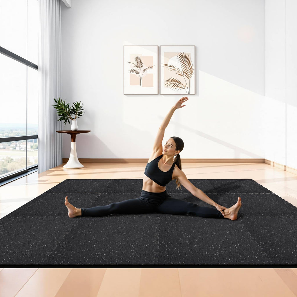 VEVOR 0.56Inch 48sq.ft 12 Tiles Gym Flooring for Home Gym, Rubber Top with High Density EVA Foam, 25 x 25In Gym Floor Exercise Equipment Mats, Interlocking Gym Mats, Puzzle Workout Mats, Black & Gray