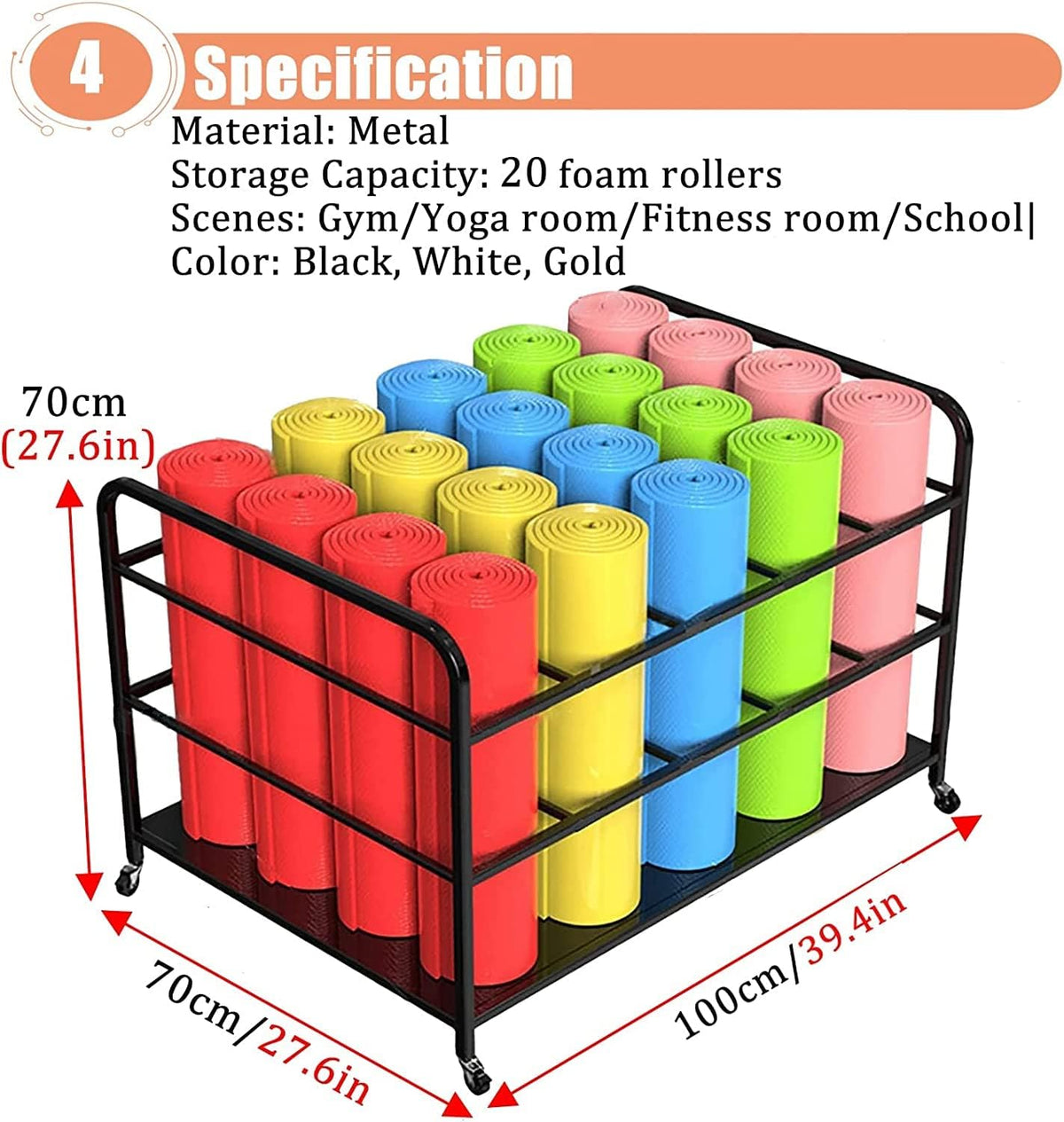 Large Yoga Mat Storage Cart with Wheels, Floor Metal Yoga Mat Holder Basket, Gym Foam Rollers Organizer, for Gym/Yoga Studio Hold 20 Exercise Mats
