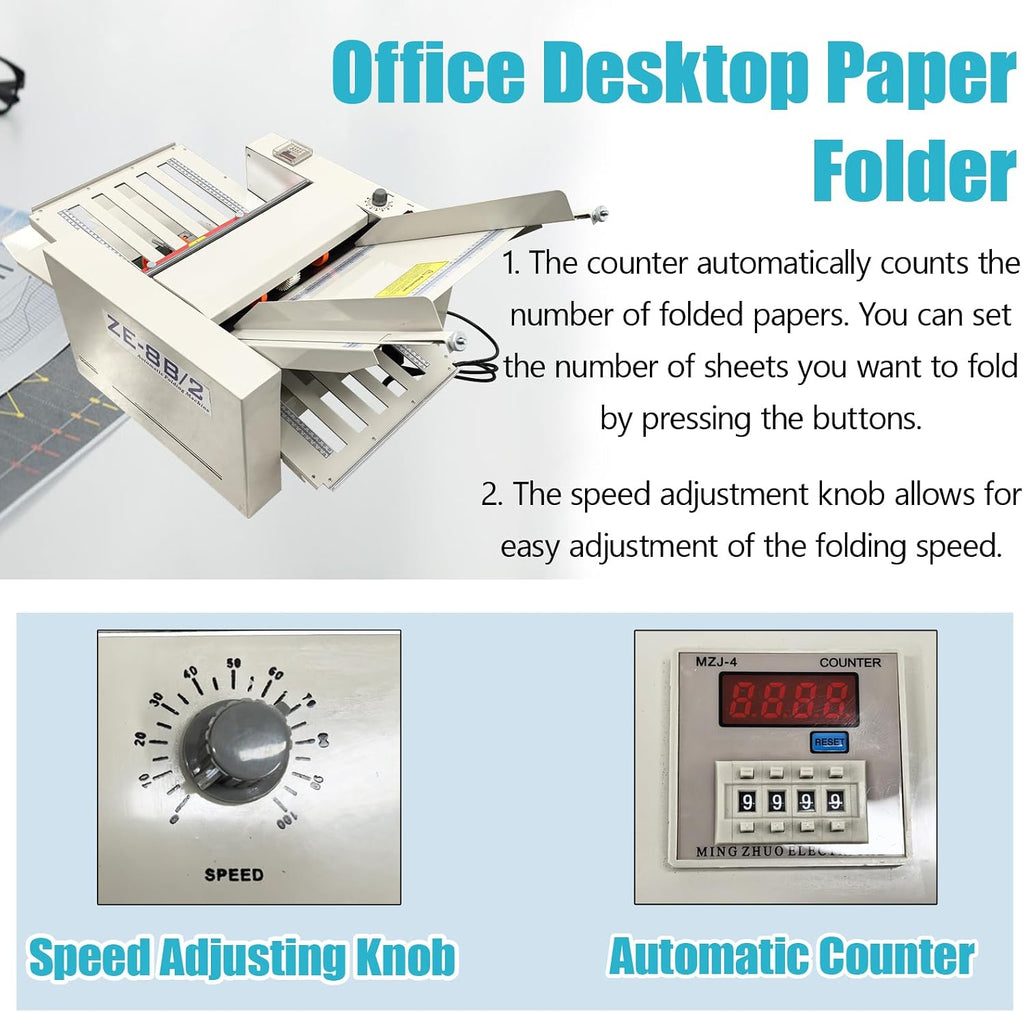 TECHTONGDA Automatic Paper Folding Machine with Counter and Adjusting Speed 110V Desktop Fold Paper 2 * 3in to 12 * 27in Fold Sizes, Max Speed 262ft/min for Offices, Schools