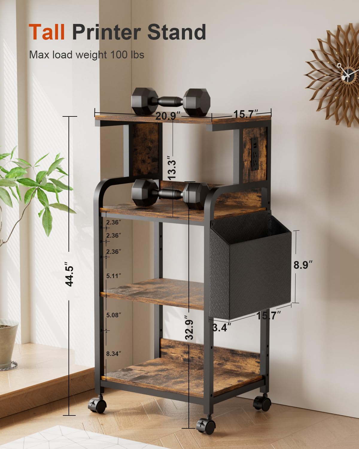 Tall Printer Stand with Charging Station, 4-Tier Mobile Cart, White