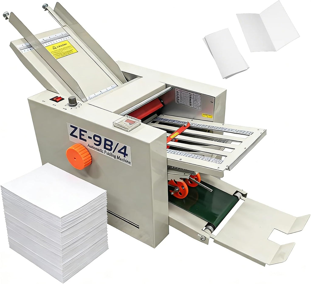 INTSUPERMAI Automatic Paper Folding Machine 110V Commercial Desktop Paper Folder with 4 Folding Plates Digital Counter Max 262ft/min Adjustable Speed for Manuals Document Business Letters