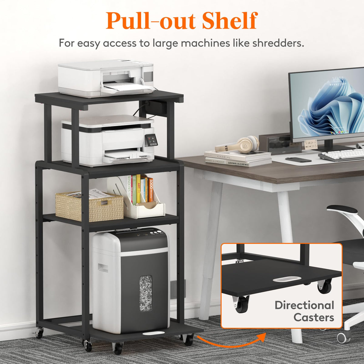 Lifewit 4 Tier Printer Stand with Power & Wheels, Office Cart, Rustic Brown
