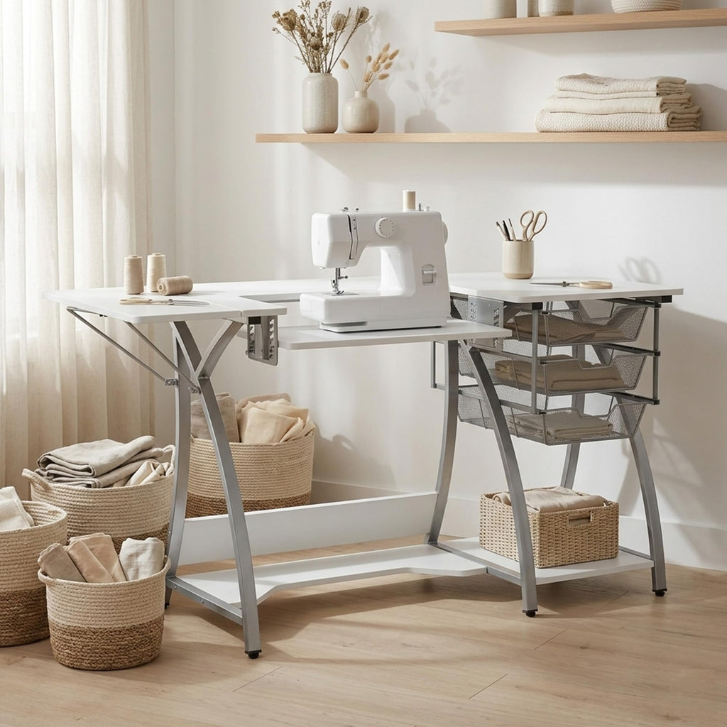 Sew Ready Folding Multipurpose Sewing Table - 47.5" W x 28" D Foldable White Hobby and Sewing Machine Table with Adjustable Shelf - Can Also Be Used as Computer Desk