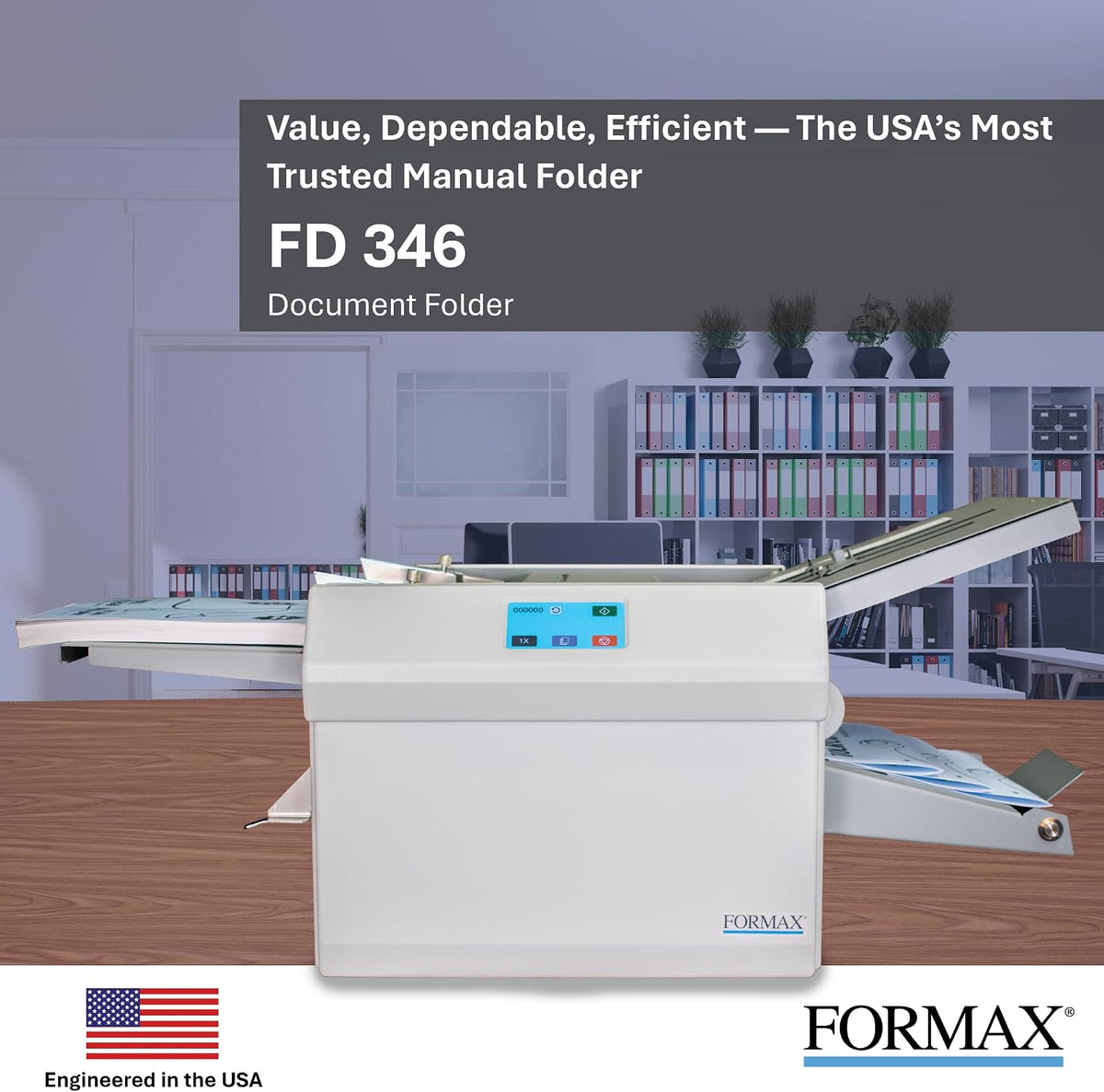 Formax FD 346 Touchscreen Desktop Office Folder with Color Touchscreen Graphics-Based, Telescoping Output Stacker, Up to 15500/h Speed, Folds Up to 12" x 18", and Adjustable Stacker Wheels