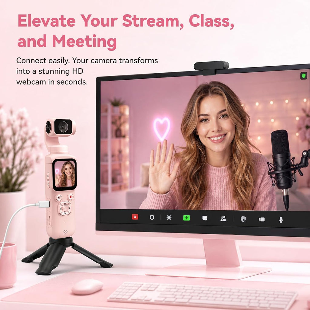 4K Pocket Vlogging Camera with 330Â° Rotating Lens, Face Tracking - Pink