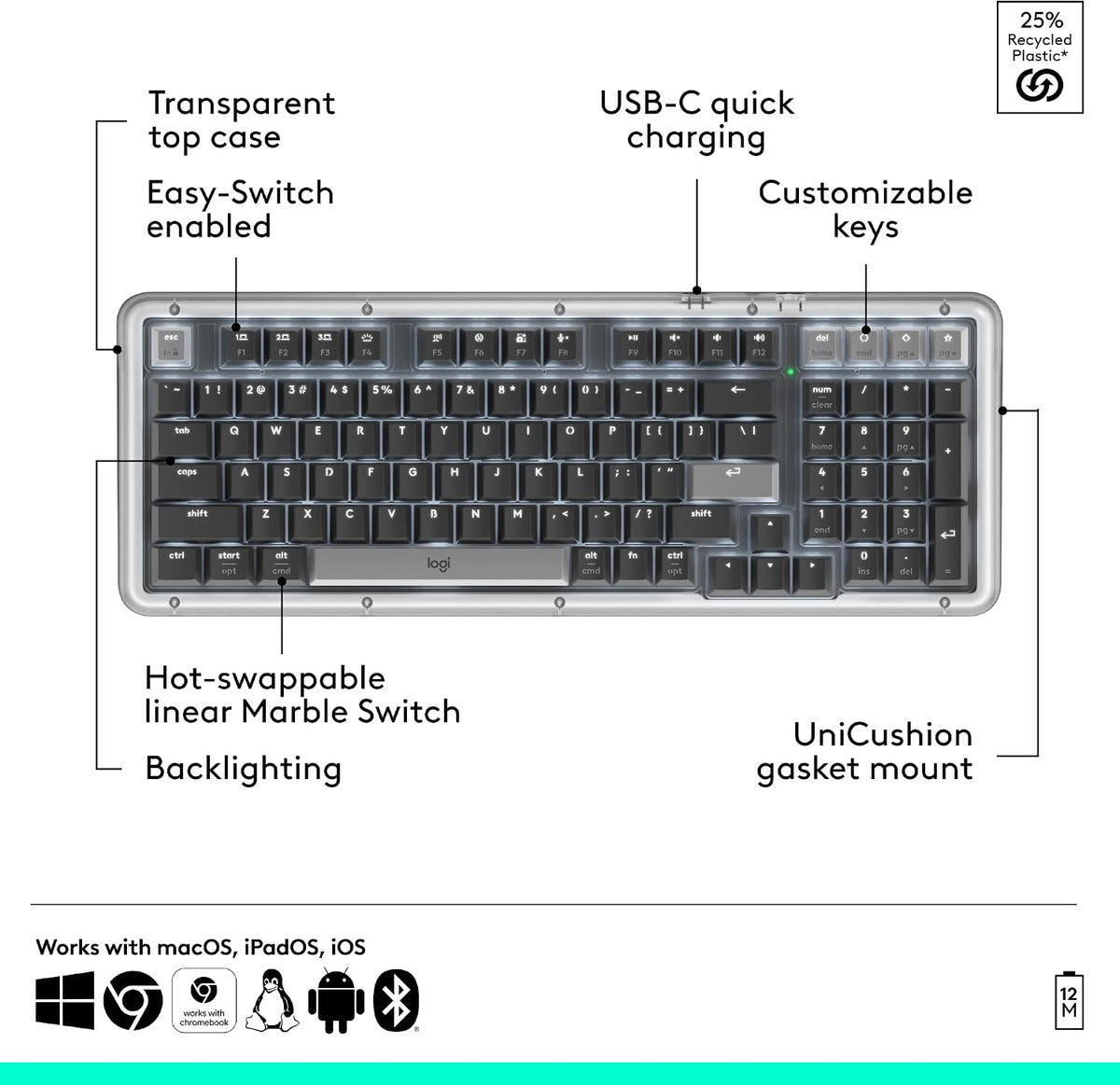 Logitech Alto Keys K98M Wireless Mechanical Gasket Keyboard - Graphite