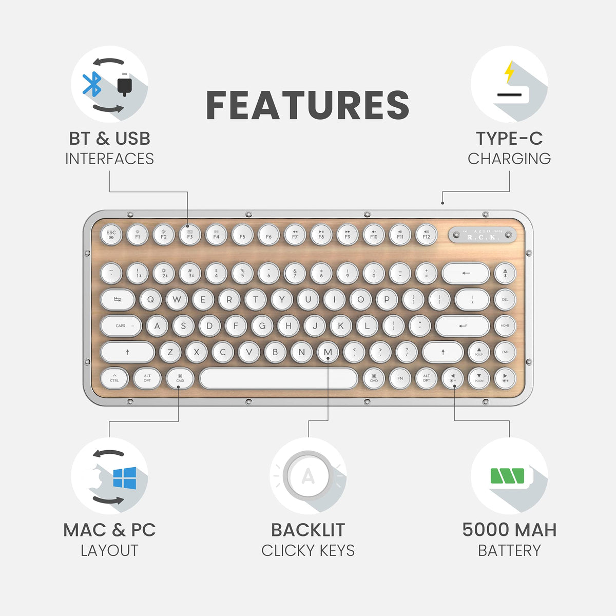 Azio Retro Compact Keyboard (Posh) - Bluetooth Wireless/USB Wired Vintage Backlit White Leather Mechanical Keyboard with Arm Rest for Mac and PC (MK-RCK-L-02-US)