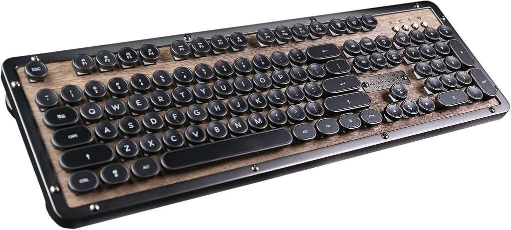 Azio Retro Classic Bluetooth Elwood - Bluetooth Luxury Vintage Backlit Mechanical Keyboard (Blue Switch, Walnut Wood, Gunmetal Matte Frame)(MK-RETRO-W-BT-01-US)