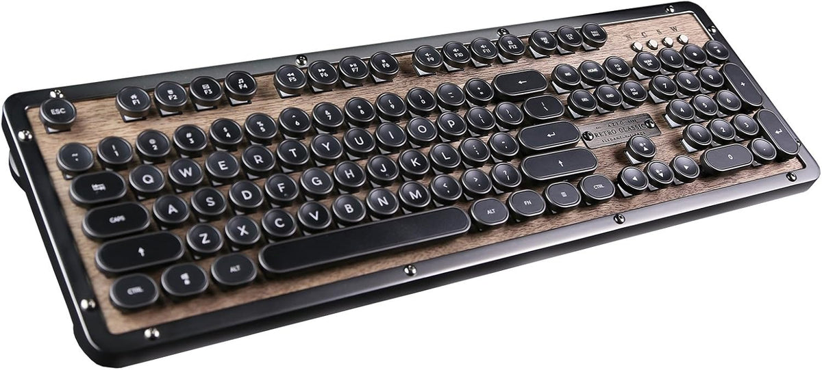 Azio Retro Classic Bluetooth Elwood - Bluetooth Luxury Vintage Backlit Mechanical Keyboard (Blue Switch, Walnut Wood, Gunmetal Matte Frame)(MK-RETRO-W-BT-01-US)