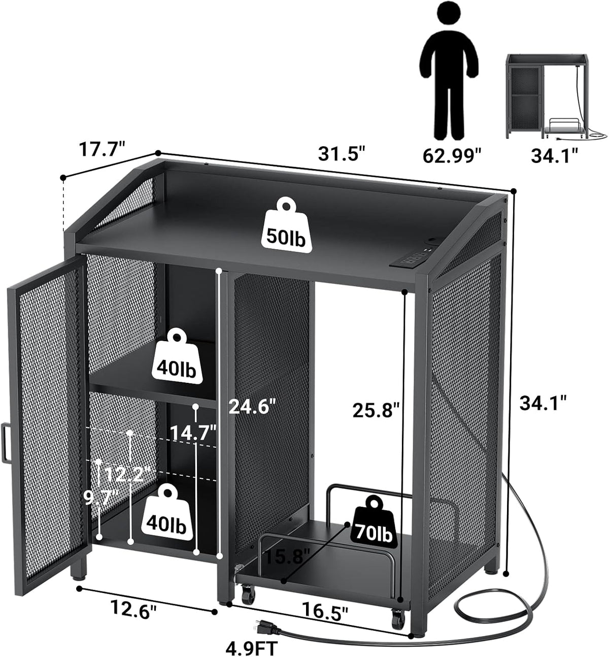 Unikito Large Printer Stand with Power Outlet and Storage Shelf, Black