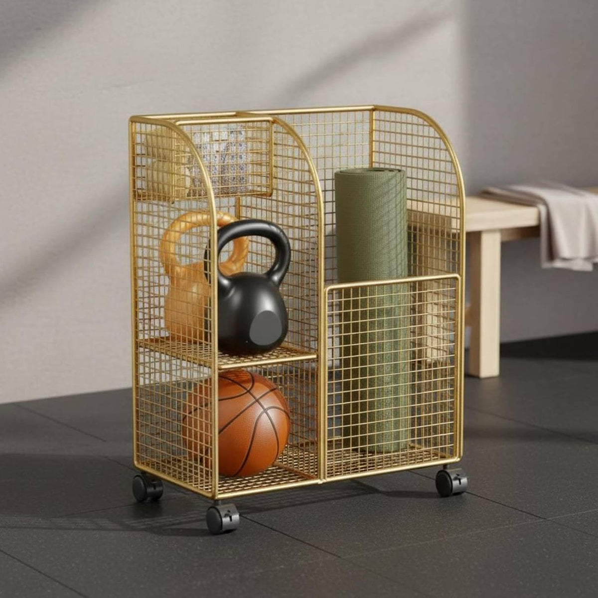 Mobile Basket Household Storage Cart Organizer Rack Mat Holder with Wheels Iron Mesh Dividers for Exercise Mats Foam Rollers Dumbbells Balls Suitable for Home Gyms Apartments Condos