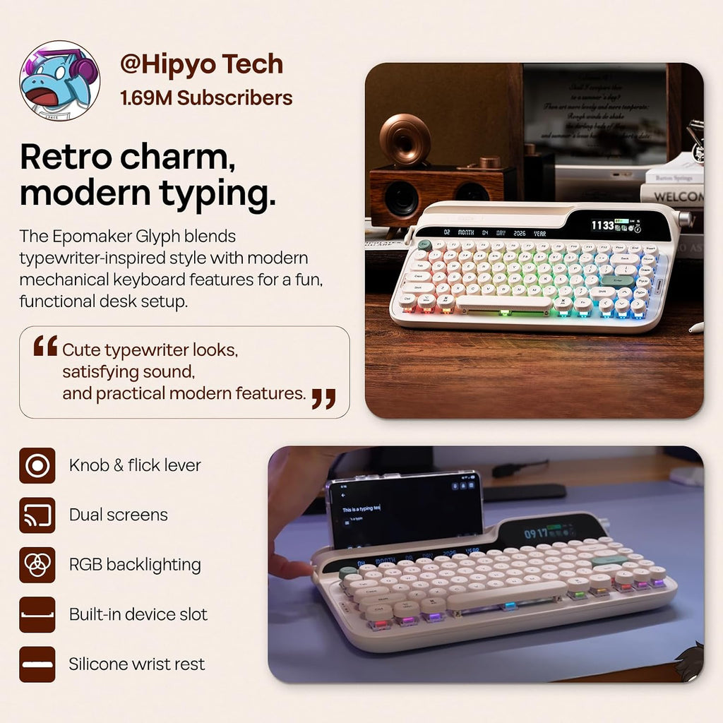 EPOMAKER Glyph Wireless Typewriter Retro Mechanical Keyboard, Screen & Knob & Lever, Wrist Rest, Round PBT Keycap, Hot Swap, RGB, Custom Software, Top-Mount, 75% Creamy Keyboard for PC/MAC